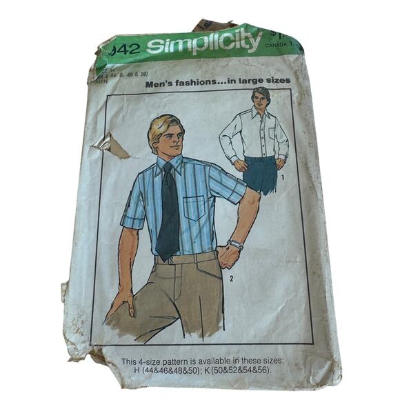 Simplicity 7942 Sewing Pattern Mens Dress Shirt Size 44,46,48,50 c.1977 - Picture 1 of 4